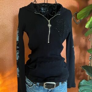 Y2K - Medium - Sledge Black Long Sleeve Thermal Waffle Top Fleur De Lis